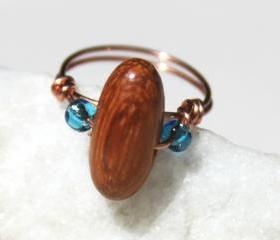 Copper Ring with a Wood and Glass Beads Handmade