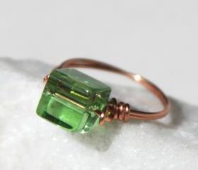 Copper Ring with Green Glass Square