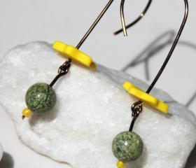 Snake Skin Jasper Stone Dangle Earrings with Yellow Flowers Handmade