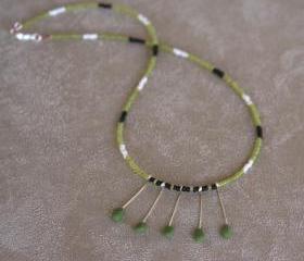 Moss Green and White Beaded Bid Necklace Handmade, Statement Necklace