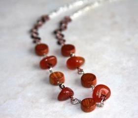 Orange Agate Bib Silver Chain Necklace