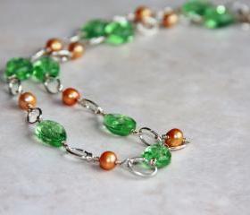 Yellow Freshwater Pearls and Green Glass Choker Necklace Handmade