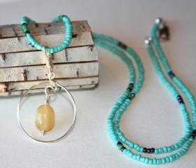 Open Circle Mint Beaded Necklace Handmade